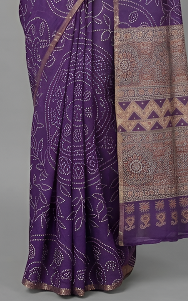 Ajrakh Kalamkari Zari Border Chanderi Saree (Purple)