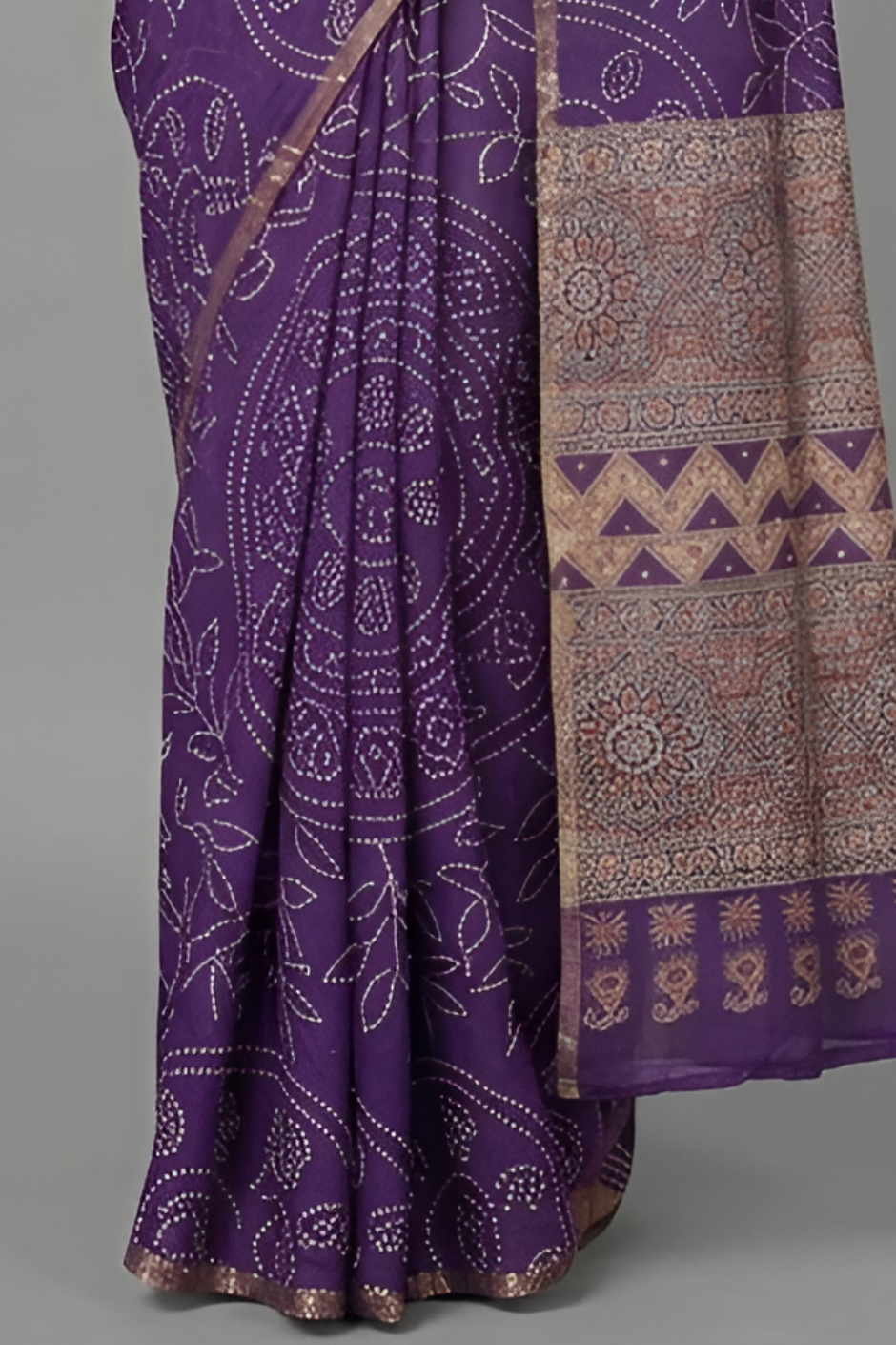 Ajrakh Kalamkari Zari Border Chanderi Saree (Purple)