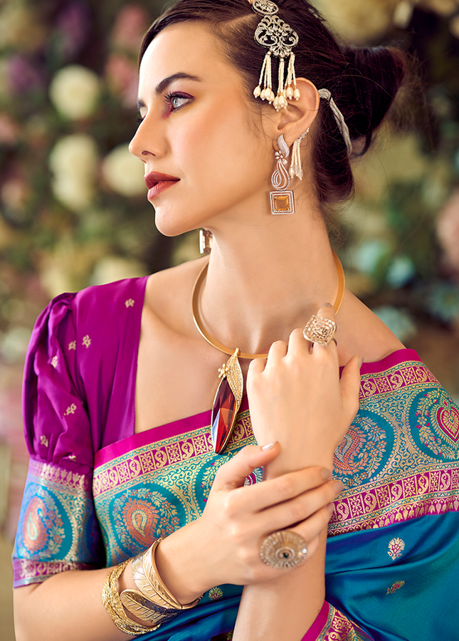 Minakari Paithani,Pure Soft Banarasi Silk Saree (Blue)