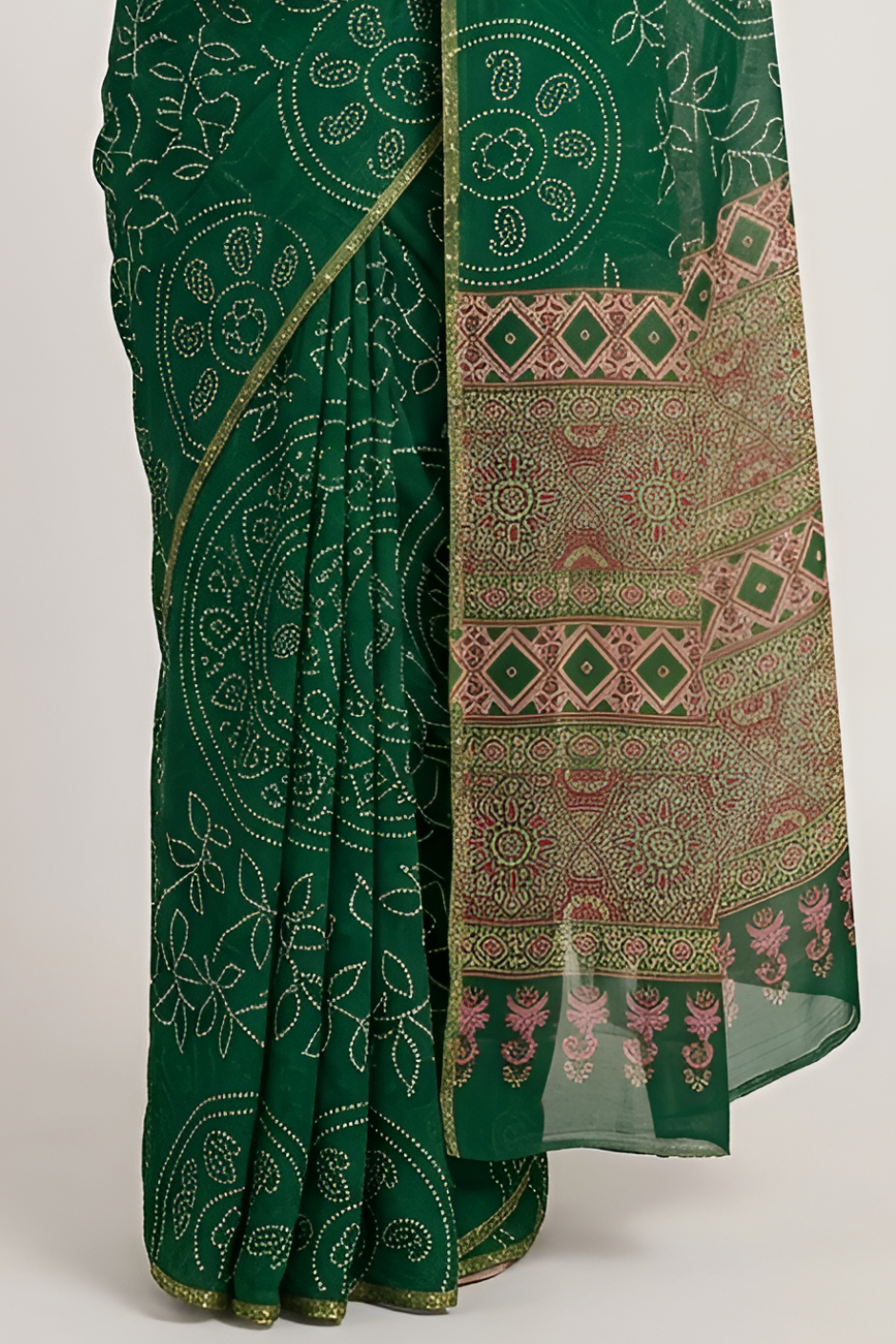 Ajrakh Kalamkari Zari Border Chanderi Saree (Emerald Green)