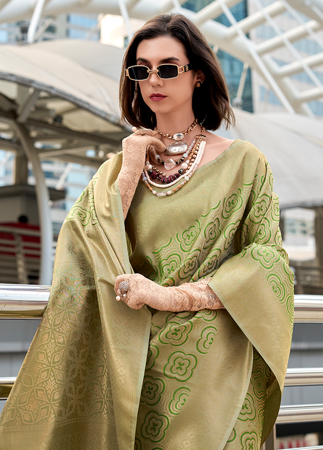 Kanjivaram style, sattin crape silk Saree (Green)