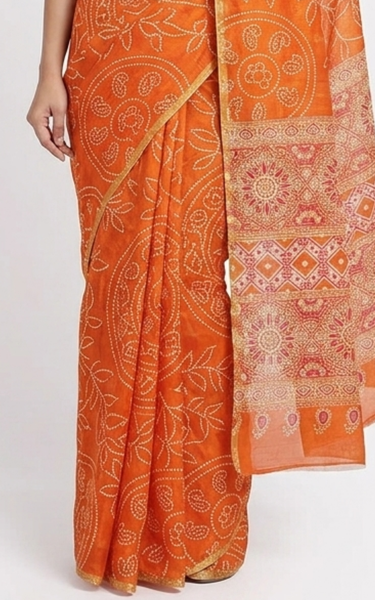 Ajrakh Kalamkari Zari Border Chanderi Saree (Orange)