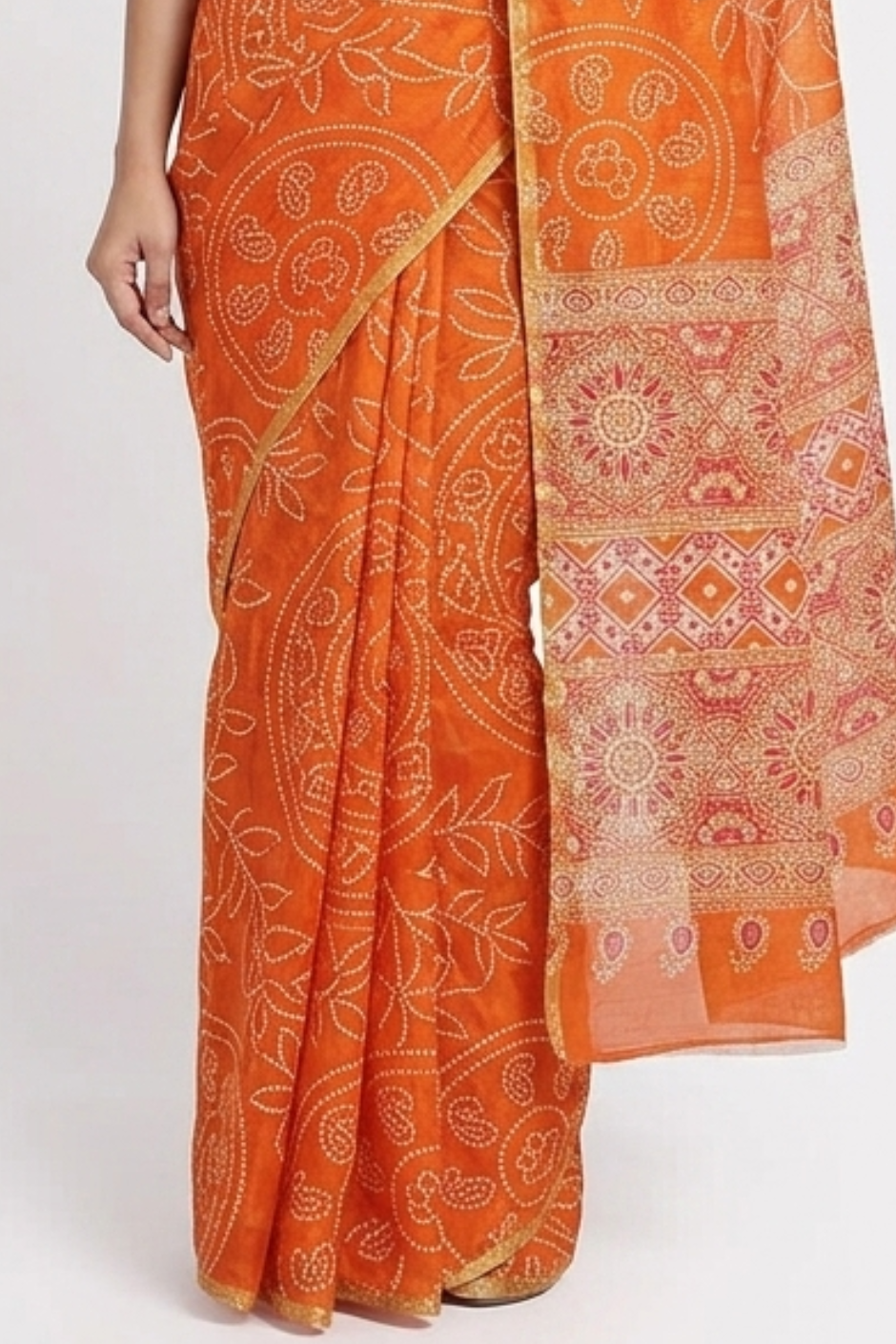 Ajrakh Kalamkari Zari Border Chanderi Saree (Orange)