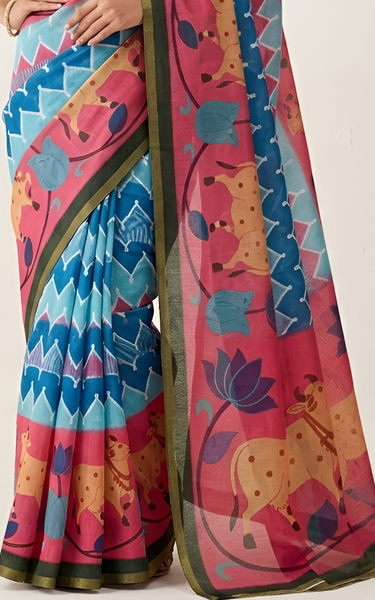 Kazari Print Linen Zari Border Saree (Pink Multicolor)