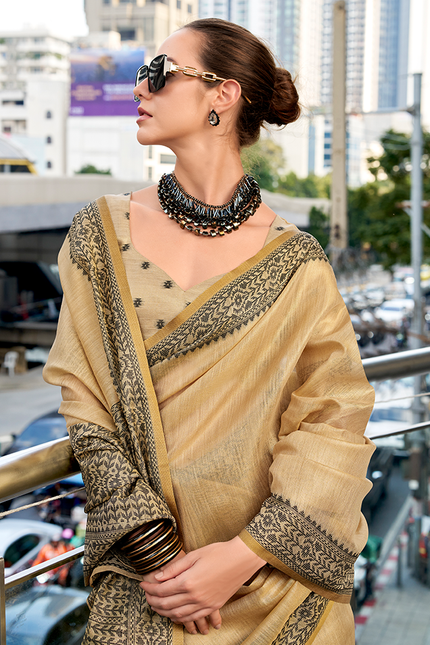 Linen Tissue,Gala Border Saree (Chiku)