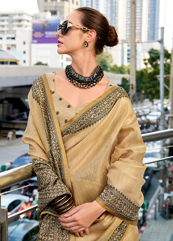 Linen Tissue, Gala Border Saree (Chiku)