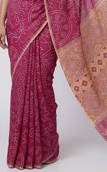 Ajrakh Kalamkari Zari Border Chanderi Saree (Magenta)