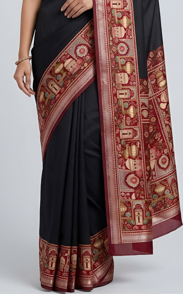 Temple Printed Soft Mul Cotton Saree with Zari Border (Black)
