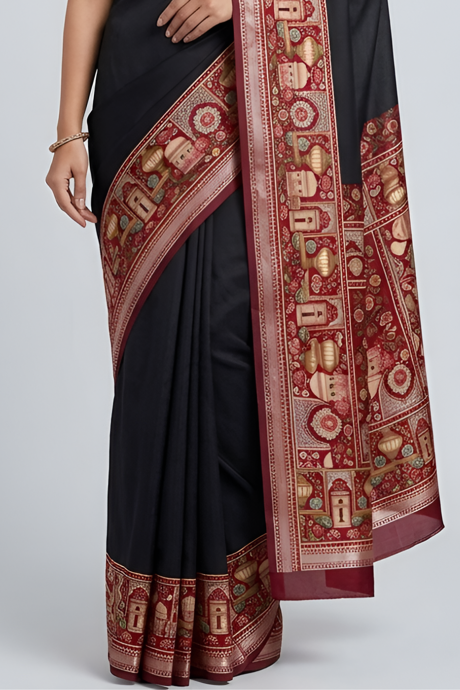 Temple Printed Soft Mul Cotton Saree with Zari Border (Black)