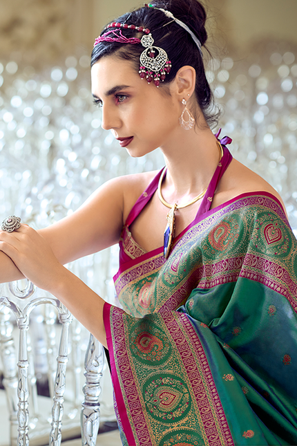 Minakari Paithani,Pure Soft Banarasi Silk Saree (Green)