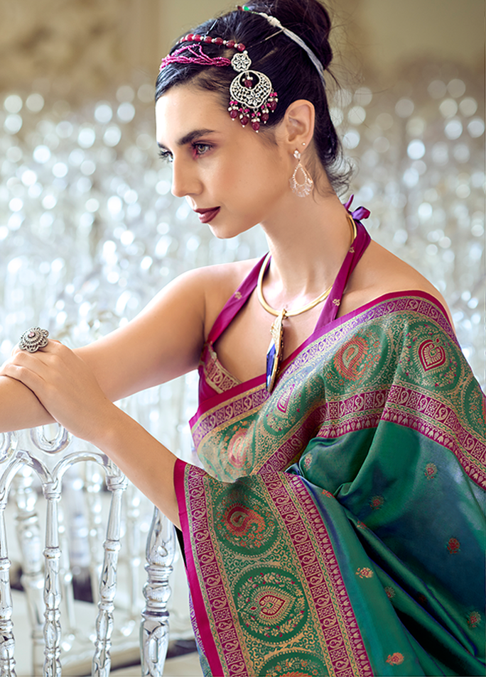 Minakari Paithani, Pure Soft Banarasi Silk Saree (Teal Green)