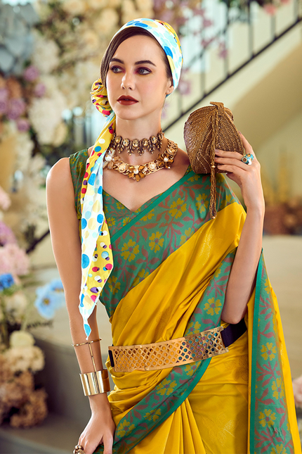 Ikkat Border, Soft silk Contrast pallu Saree (Yellow)