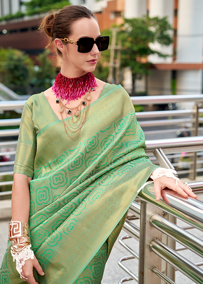Handloom Kanjivaram Buttery Silk with Zari Weaving (Sage Green)