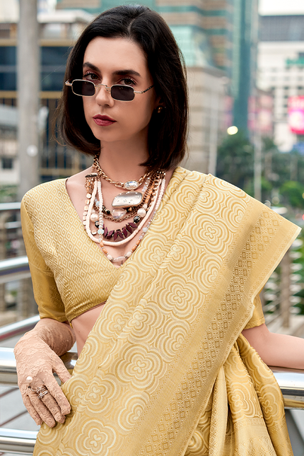 Kanjivaram style, sattin crape silk Saree (Golden)