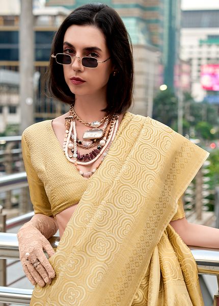 Kanjivaram style, sattin crape silk Saree (Golden)