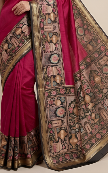 Temple Printed Soft Mul Cotton Saree with Zari Border (Pink)