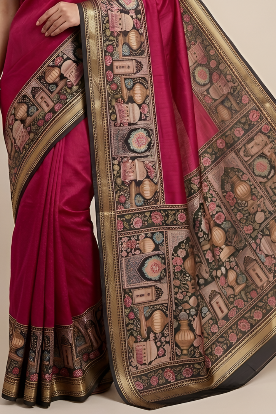 Temple Printed Soft Mul Cotton Saree with Zari Border (Pink)