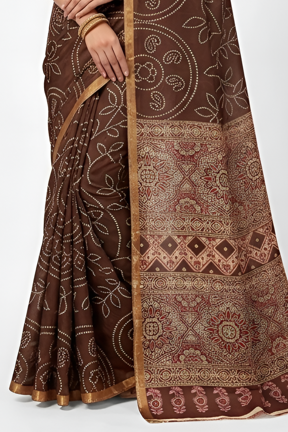 Ajrakh Kalamkari Zari Border Chanderi Saree (Brown)