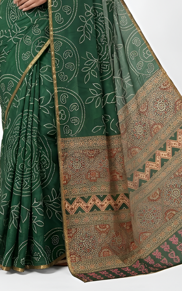 Ajrakh Kalamkari Zari Border Chanderi Saree (Dark Green)