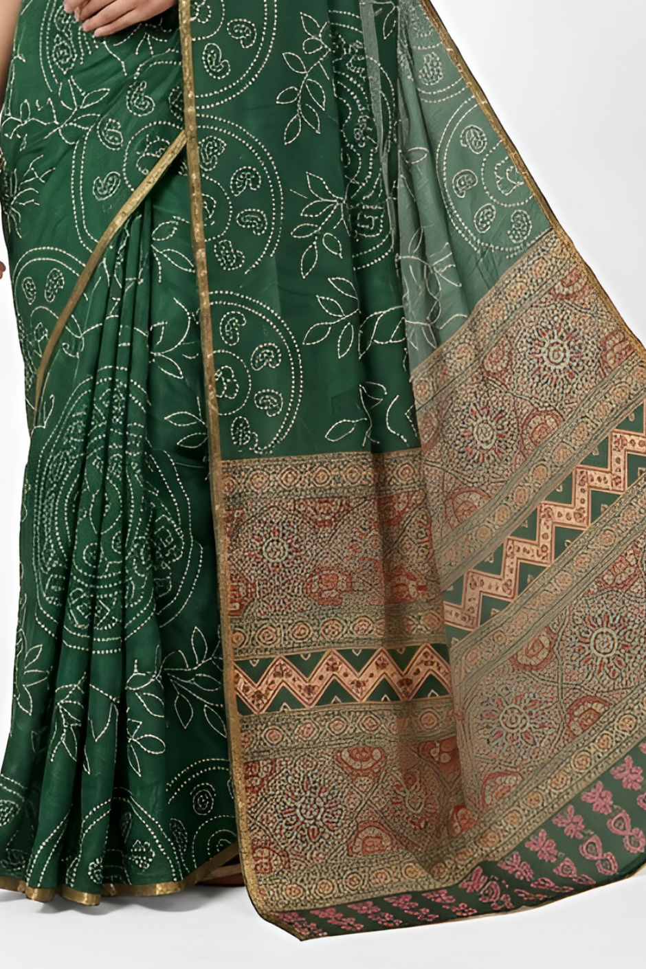 Ajrakh Kalamkari Zari Border Chanderi Saree (Dark Green)