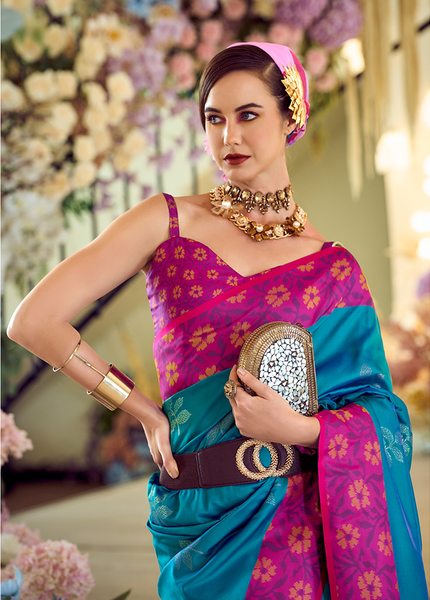 Ikkat Border, Soft silk Contrast pallu Saree (Blue)