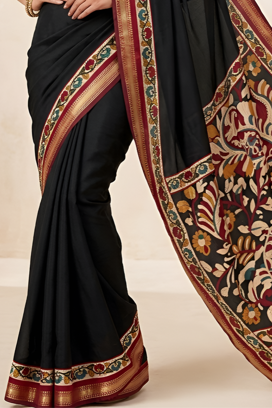Soft Mul Cotton Kalamkari Pallu Saree with Zari Border (Black)