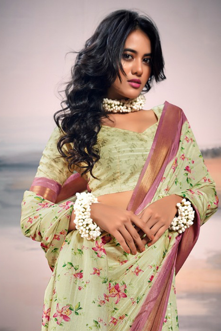 Pure Cotton Silk,Digital Print Organza Saree (Pista)