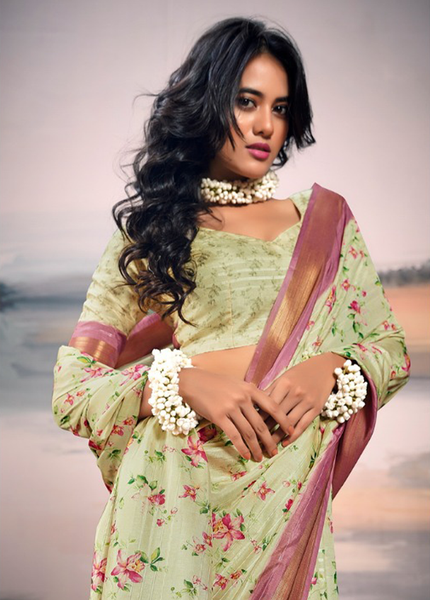 Pure Cotton Silk,Digital Print Organza Saree (Pista)