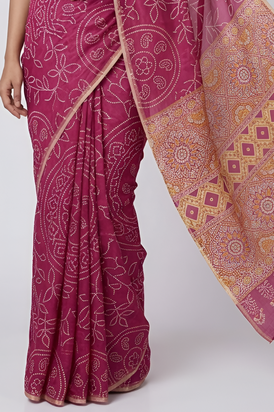 Ajrakh Kalamkari Zari Border Chanderi Saree (Magenta)