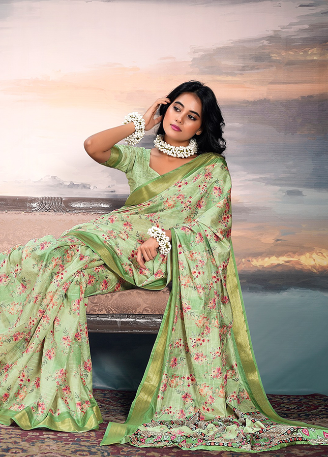 Pure Cotton Silk,Digital Print Organza Saree (Green)