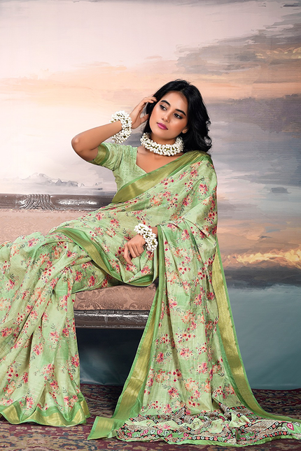 Pure Cotton Silk,Digital Print Organza Saree (Green)