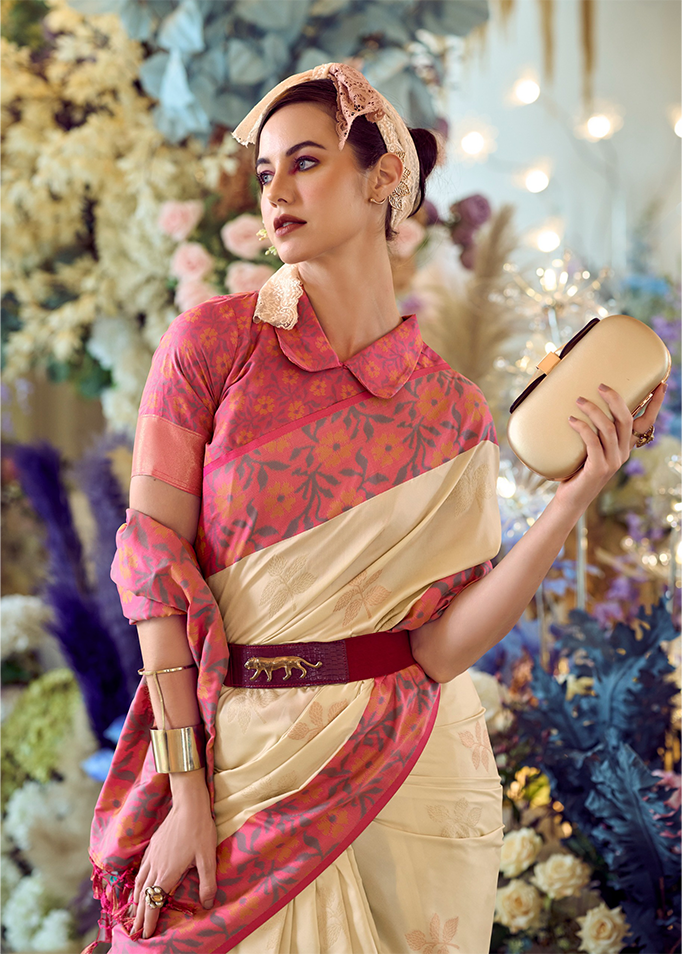 Ikkat Border, Soft silk Contrast pallu Saree (Cream)