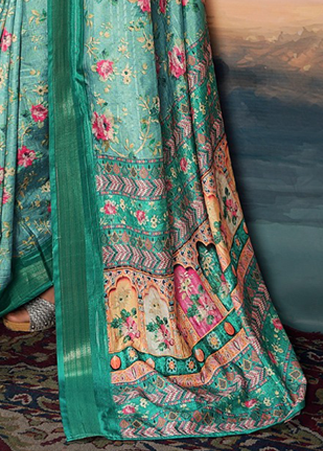 Pure Cotton Silk,Digital Print Organza Saree (Green)