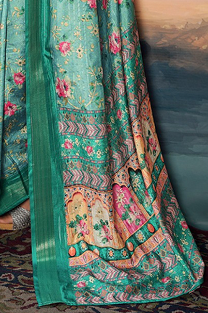 Pure Cotton Silk,Digital Print Organza Saree (Green)