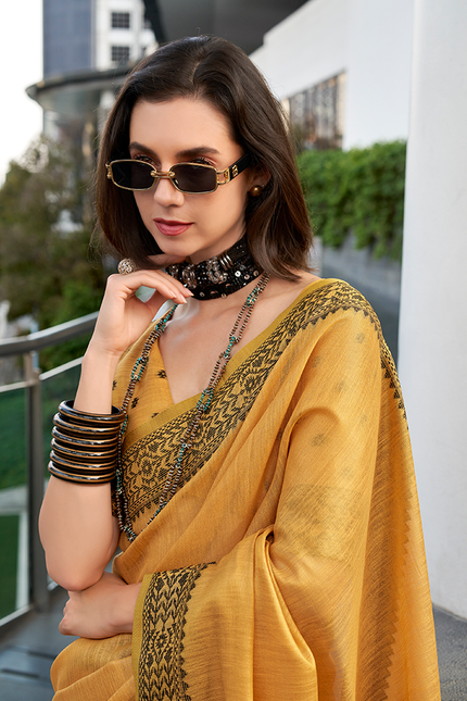 Linen Tissue,Gala Border Saree (Mustard)