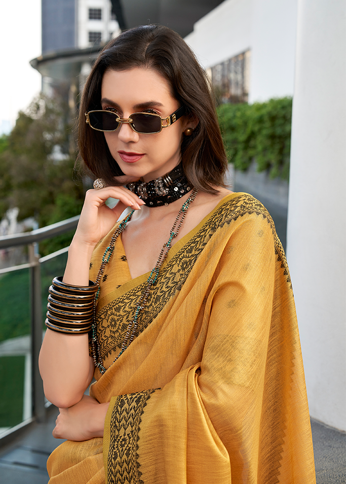 Linen Tissue, Gala Border Saree (Mustard)