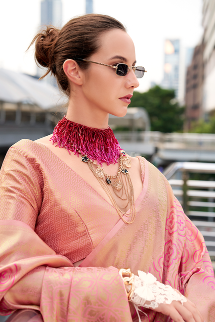 Kanjivaram style, sattin crape silk Saree (Pink)