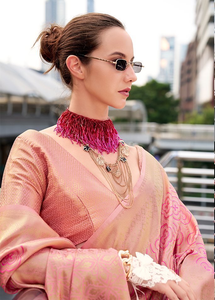 Handloom Kanjivaram Buttery Silk with Zari Weaving (Rose Pink)