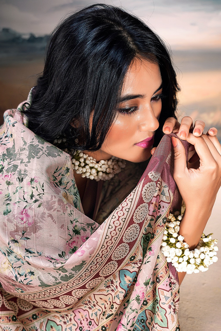 Pure Cotton Silk,Digital Print Organza Saree (Pink)