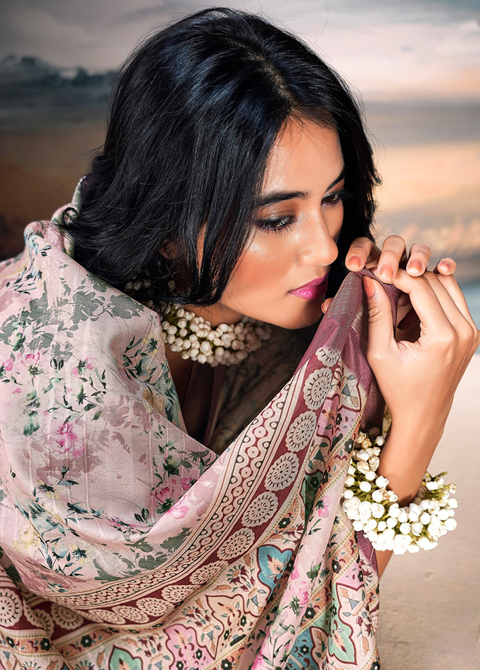 Pure Cotton Silk With Digital Print (Beige Pink)