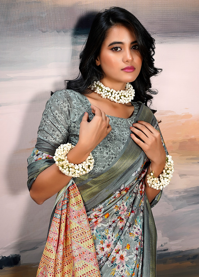 Pure Cotton Silk With Digital Print (Grey)