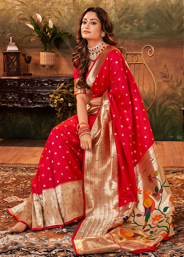 Pure Paithani Silk,Weaving Saree (Red)