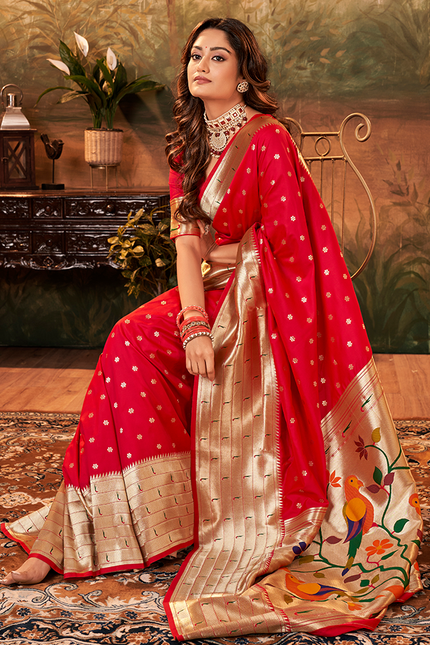Pure Paithani Silk,Weaving Saree (Red)