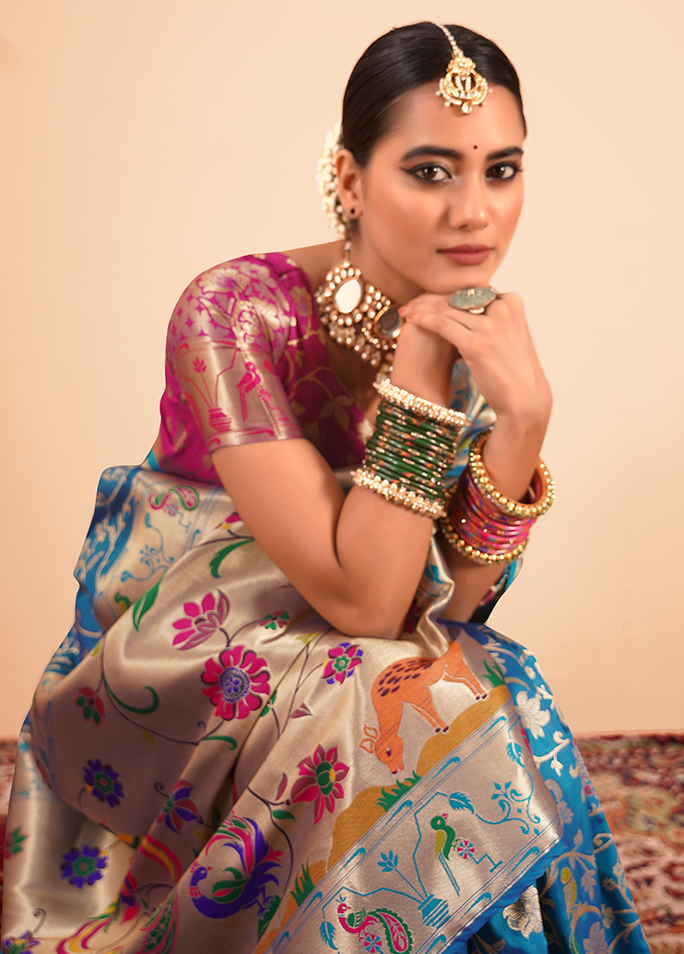 Paithani Silk Saree With Contrast Blouse (Sky Blue)