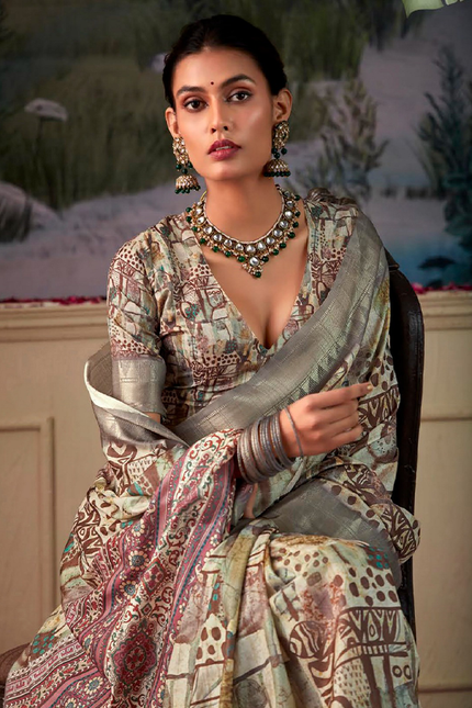 Geometric Print,Digital Saree (Cream & Grey)