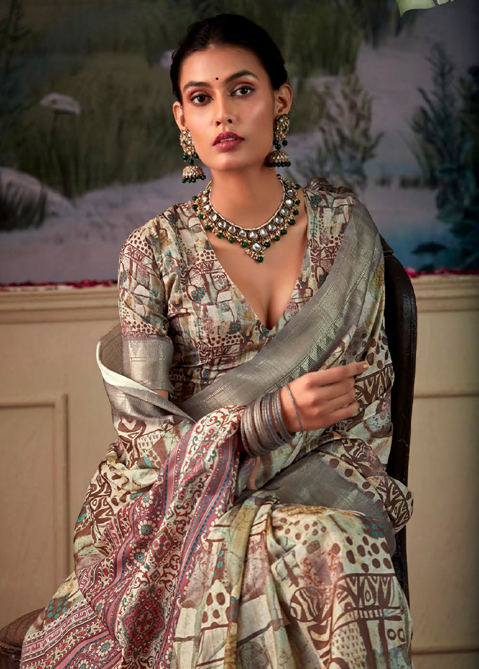 Geometric Digital Print Saree (Cream & Grey)