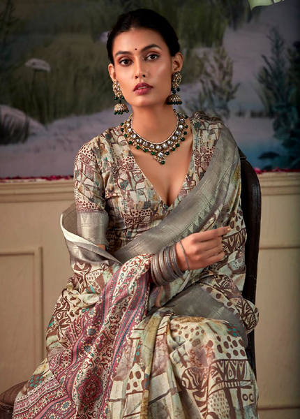 Geometric Print,Digital Saree (Cream & Grey)