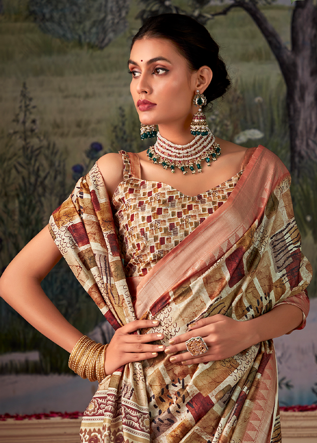 Geometric Print,Digital Saree (Cream & Orange)