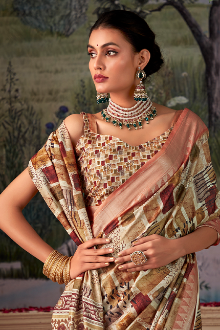 Geometric Print,Digital Saree (Cream & Orange)