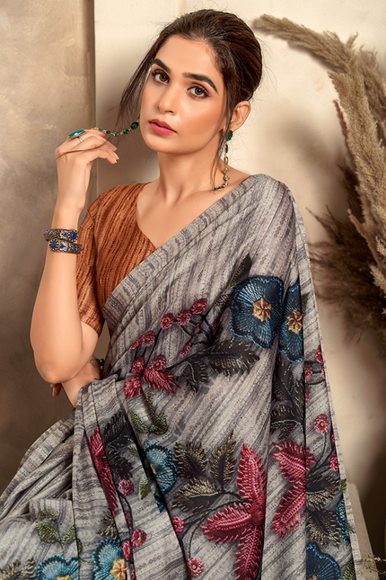 Fancy Print,Crape Silk Saree (Grey)